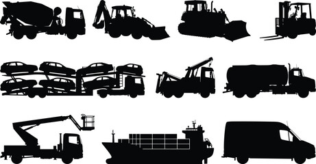 Obraz premium Collection of transport vehicle silhouettes featuring trucks, vans, forklifts, buses, and construction machinery