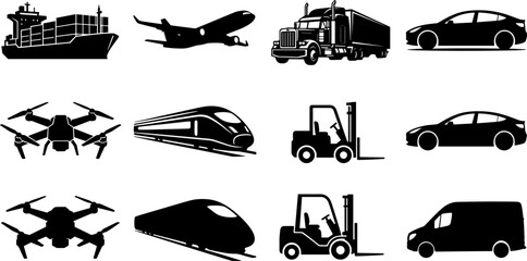 Logistics and transportation icons set featuring cargo ship airplane delivery truck train forklift drone car and van silhouettes © Bulbuli
