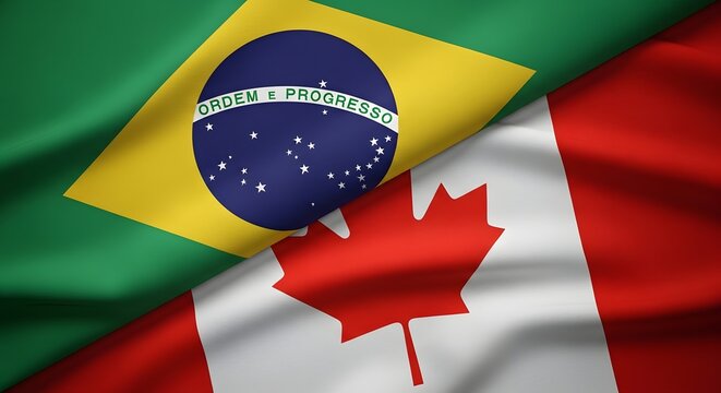 Brazilian and canadian flags waving together international relations and diplomacy concept