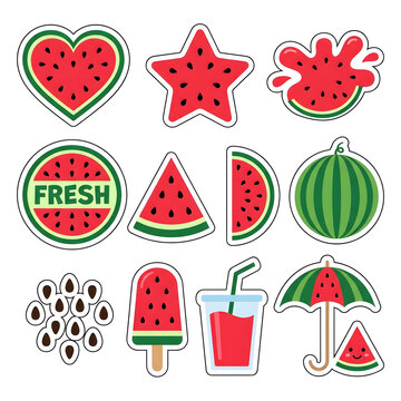 Colorful collection of summer watermelon stickers including heart and star shapes fruit slices fresh drink icy popsicle and cute umbrella icons