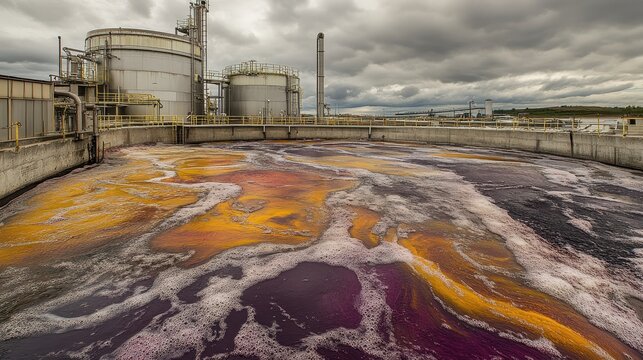Vibrant chemical spill cleanup process at an industrial zone under overcast skies