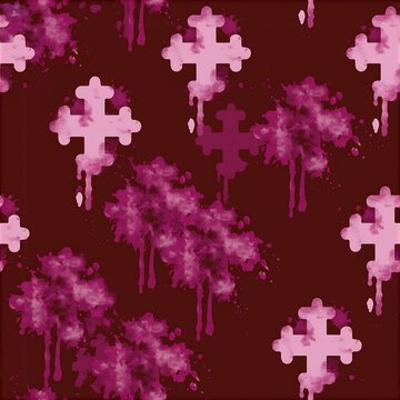 Watercolor armenian cross seamless pattern in pink and burgundy