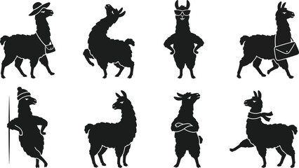 Naklejka premium Llama Silhouettes In Various Poses Black Vector Illustration