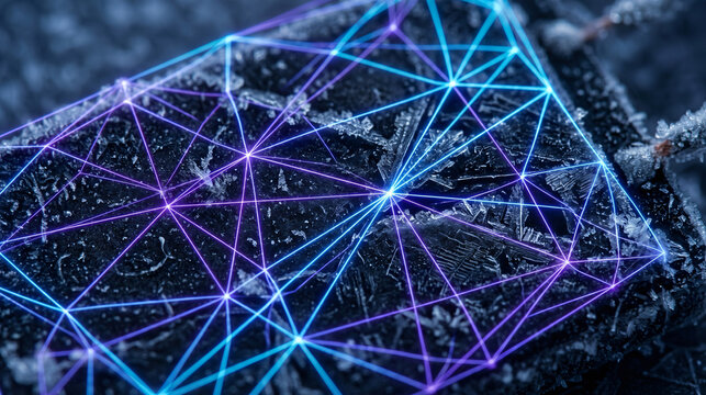 Macro of a frozen dark battery cell covered in frost mapped by a glowing neon blue and purple linear mesh grid