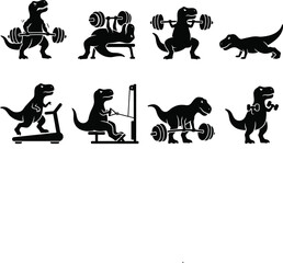 Tyrannosaurus Rex Silhouettes Exercising Black And White Vector Illustration © rahima96