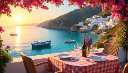 Obraz premium Table set for dinner on seaside terrace overlooking turquoise bay. Boats sail water near cliffside village. Pink flowers bloom above restaurant balcony.