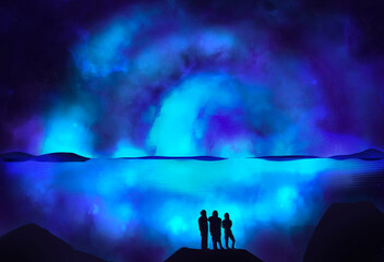 Group of three people standing in front of sci-fi nebula landscape © ArtbyElandria