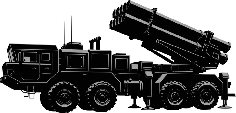 Black and white vector illustration of a heavy multiple rocket launcher military truck.