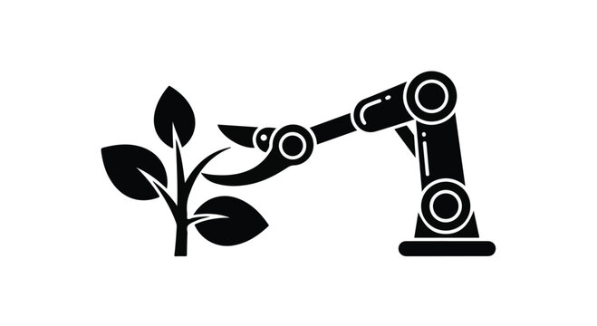 Industrial robot arm prunes a small plant with leaves on a white background.