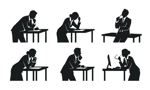 Black solid desk lean thinking problem solving silhouettes vector set isolated on white