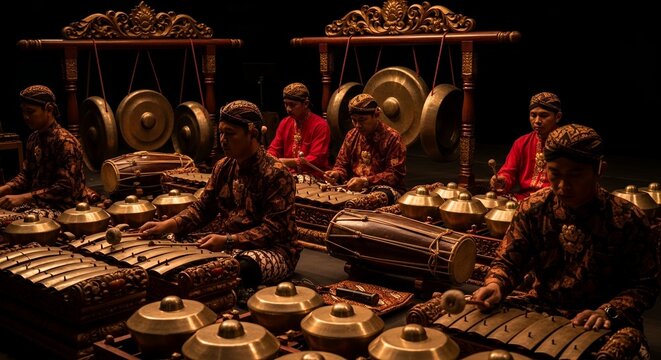 Traditional Indonesian Gamelan ensemble performing ethnic percussion music in cultural attire on stage
