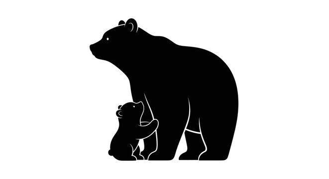 Minimalist black and white illustration of a mother bear and her cub emphasizing nature family bonds and wildlife in a simple clean style with contrasting background