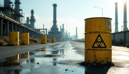 Obraz premium Yellow biohazard barrels stand near industrial plant. Toxic waste drums sit by factory chimneys. Dangerous chemicals stored outside in hazardous environment. Pollution and industry.