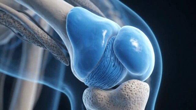 3D illustration of human knee joint anatomy highlighting the patella and cartilage tissue