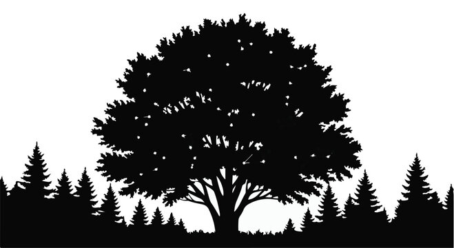 Forest landscape silhouette with a large central deciduous tree and evergreens.