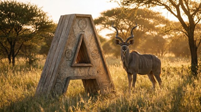 Creative alphabet wildlife scene featuring a giant letter A beside an antelope in nature.