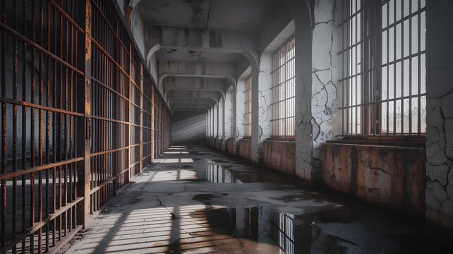 Abandoned prison corridor with rusted bars and cracked windows in daylight