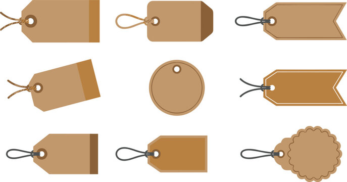 Kraft Brown Vintage Price Tag and Label Set with String in Various Shapes for Retail Shopping and Product Packaging Designs