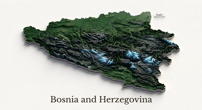 3D Topographical Relief Map of Bosnia and Herzegovina with Mountain Elevations