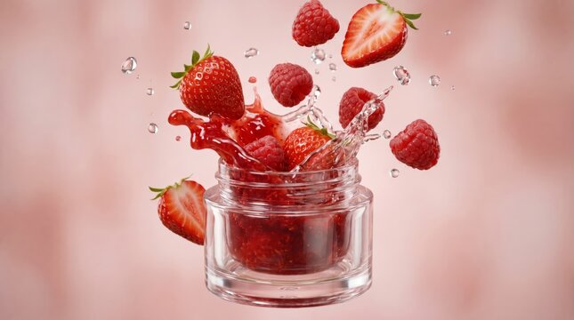Dynamic food photography featuring strawberries and fruit jam exploding from a glass container.
