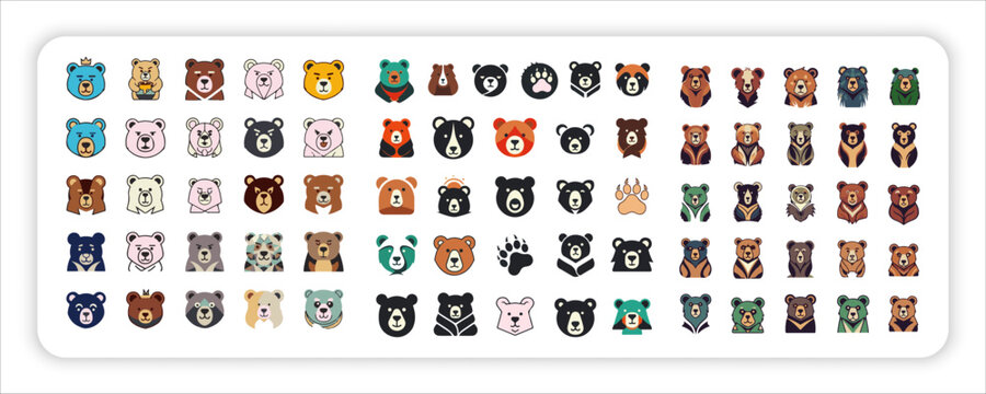 Bear Mascot Logo Collection and Cute Bear Face bundle web icon Set Vector Wildlife Character Illustrations