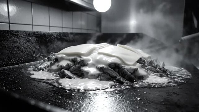 Melting cheese on a pile of cooked meat on a hot flat top grill in a restaurant kitchen