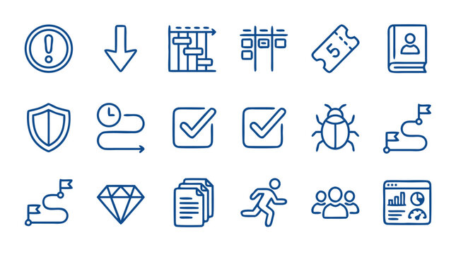 Detailed set of sixteen rounded line vector icons specifically for UI and UX project management tools including priority levels gantt charts tickets user stories epics and project timelines for work.