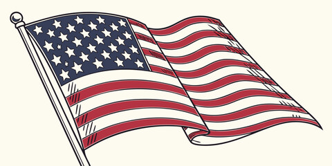 American flag waving on pole cream background usa flag stars and stripes united states hand drawn line art patriotism illustration independence national patriotic symbolic sketch style © AX