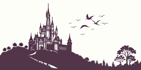 Fairytale castle on hill with flying birds silhouette fantasy world castle graphic palace silhouette hilltop castle medieval architecture fairy tale landscape bird flock castle art silhouette © AX