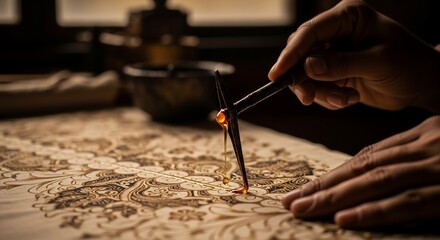 Obraz premium Artisan Hand Carefully Applying Hot Wax Using Canting Tool for Traditional Batik Textile Pattern Creation in Workshop