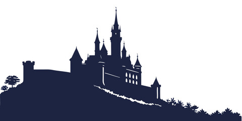 Classic fortress silhouette on hill graphic with castle silhouette hilltop castle medieval fortress castle architecture palace design tower illustration stone building historical landmark © AX
