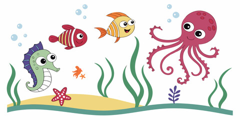 Friendly underwater cartoon scene featuring an octopus seahorse and tropical fish in a sea habitat seahorse underwater illustration wildlife starfish colorful character background environment © AX