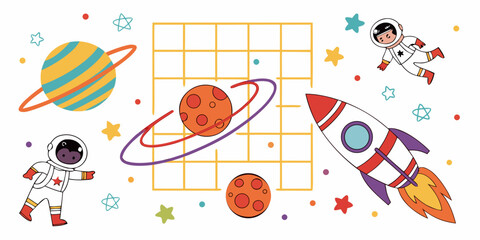Space themed grid planner with cartoon astronauts and planet illustrations calendar astronaut template illustration education stationery organizer colorful astronomy adventure character © AX
