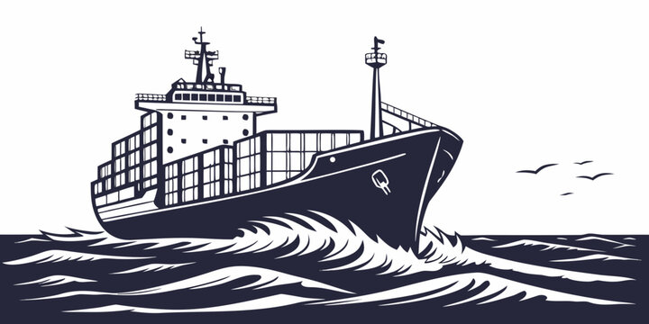 Cargo container ship at sea with seagulls flying overhead graphic illustration container transport logistics shipping maritime nautical seagulls delivery navigation industry business