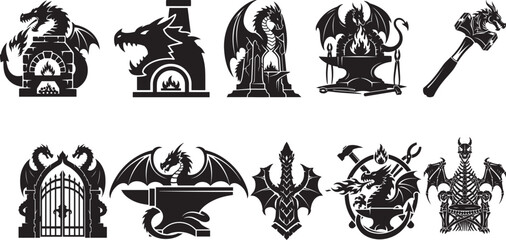 Obraz premium Dragon Forge Silhouette Vector Illustration Dark Fantasy Blacksmith Collection
