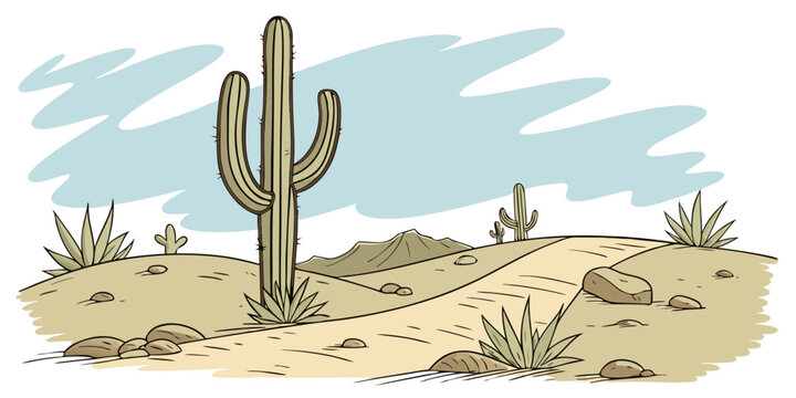 Hand drawn desert scenery with saguaro cactus and rocky mountains landscape mountains outdoors illustration southwest wilderness background adventure exploration elements