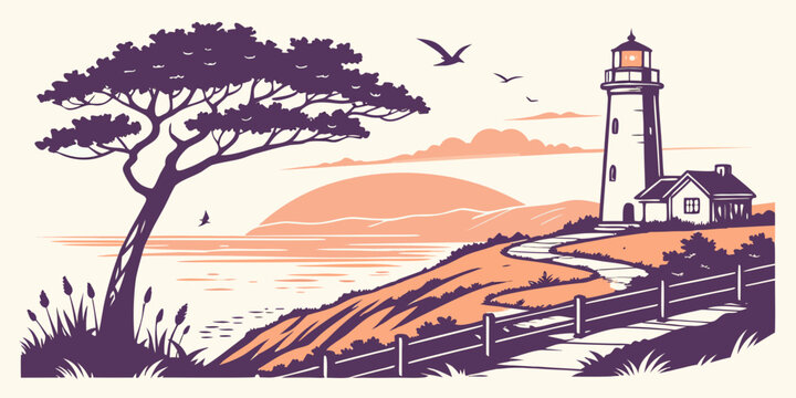 Scenic coastal path leading to lighthouse at sunset illustration with lighthouse landscape illustration navigation maritime peaceful vacation seashore
