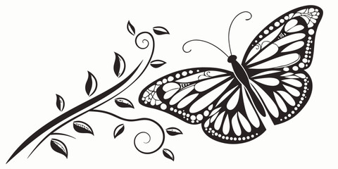 Decorative ornamental butterfly silhouette with floral swirls and leafy vine design butterfly ornament silhouette decoration botanical isolated illustration decorative wildlife delicate © AX