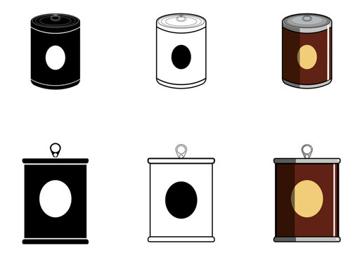 Conjunto de iconos de alimentos enlatados. Lata con carne de pescado conservada, frutas o verduras. Ilustraci&oacute;n vectorial de envases met&aacute;licos de aluminio para productos en viajes de senderismo.	
