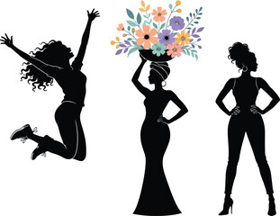 Fototapeta premium Black silhouettes of three graceful African American women in different poses including jumping with joy and carrying colorful flowers on head