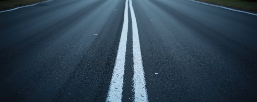 Straight asphalt road with double white lines vanishing into distance. Symbolizes journey, progress, direction, and path forward. Clean, empty surface suggests new beginnings or a clear future route.