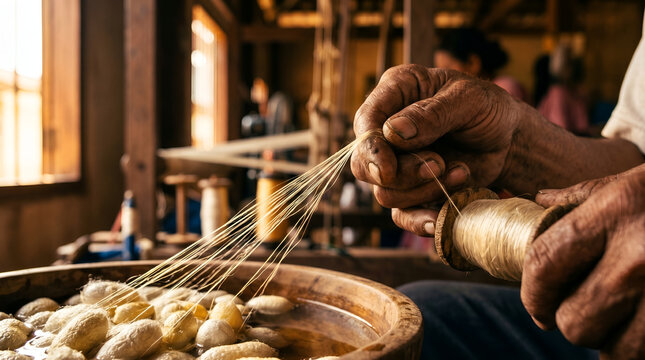 Closeup of artisan hands reeling silk threads from cocoons