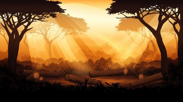 Sunlight beams through a deforested landscape with felled trees, illustrating environmental impact and logging