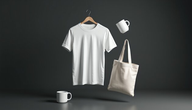 White t-shirt tote bag and mug float in studio. Plain items ready for custom print design. Mockup set for branding on dark background. Minimalist scene.