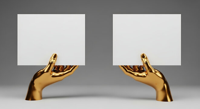 Two Golden Hands Holding Blank White Cards for Text.