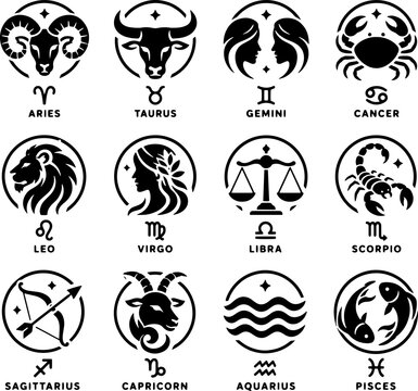 black and white icons set zodiac