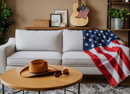 Cozy living room with american flag and western decor