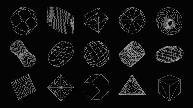 Geometric shapes collection white wireframe renderings on a black background showcasing diverse polyhedral forms geometry polyhedron polyhedra line art vector