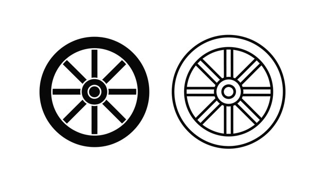 Two wagon wheels black silhouette against a white background silhouette