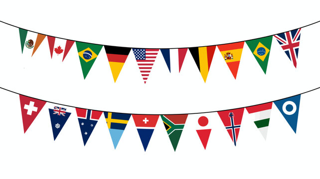 Two strings of triangular pennants displaying various national flags against a white background bunting country international flag garland festive decoration